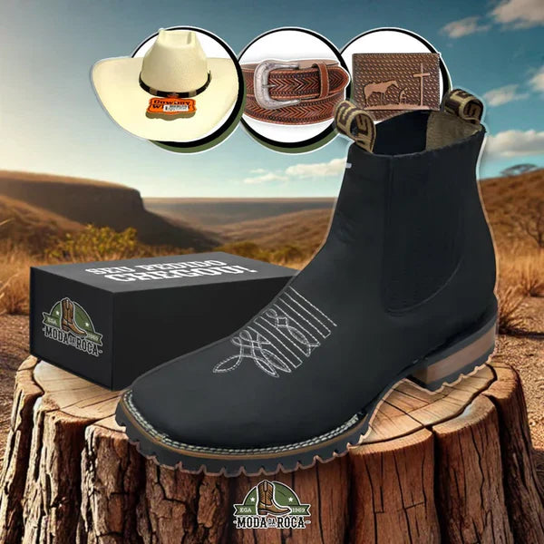 Kit Botina Brave Texana de Couro Robusto e Sofisticado + Brindes: Chapéu, Cinto e Carteira