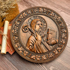 Ícone de São Bento Esculpida em Madeira Natural