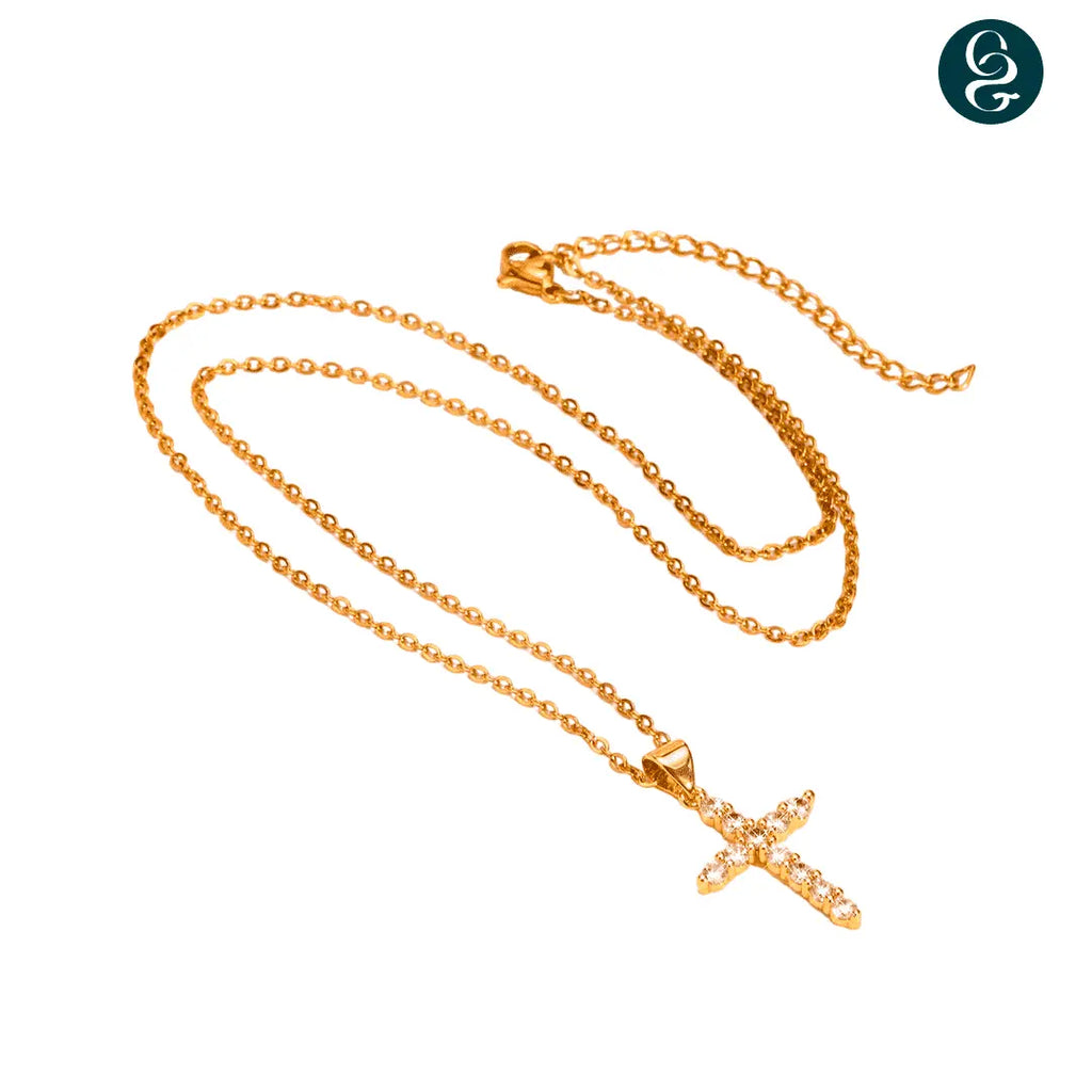 Colar Cruz Cravejada em Zircão e Prata Esterlina Dourada - Minimalista & Luxuosa