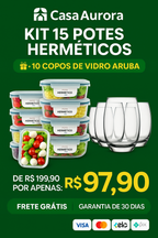Kit 15 Potes Herméticos de Vidro + 10 Copos de Vidro Aruba de Brinde