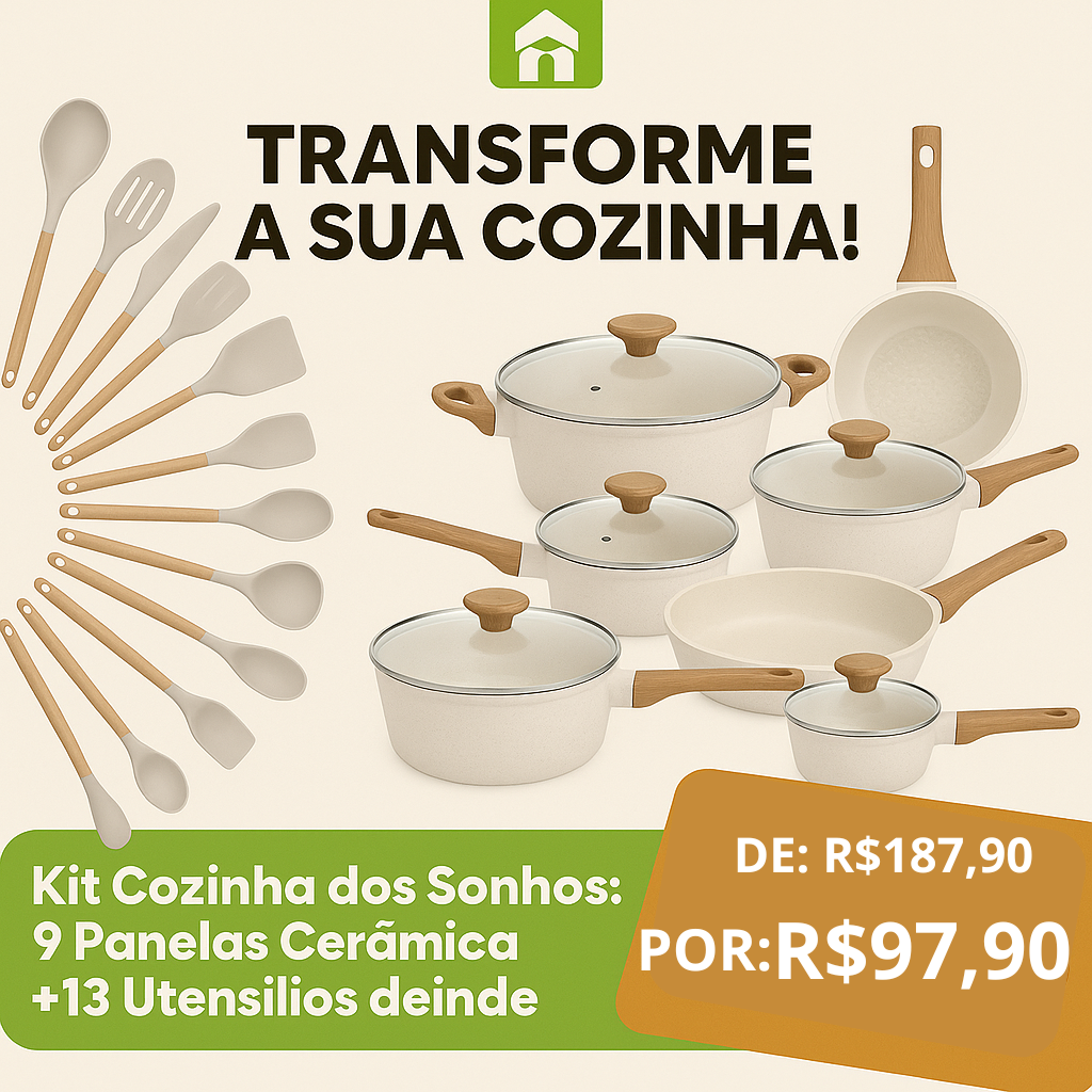 Kit Cozinha dos Sonhos: 9 Panelas Ceramica + 13 Utensílios de Brinde