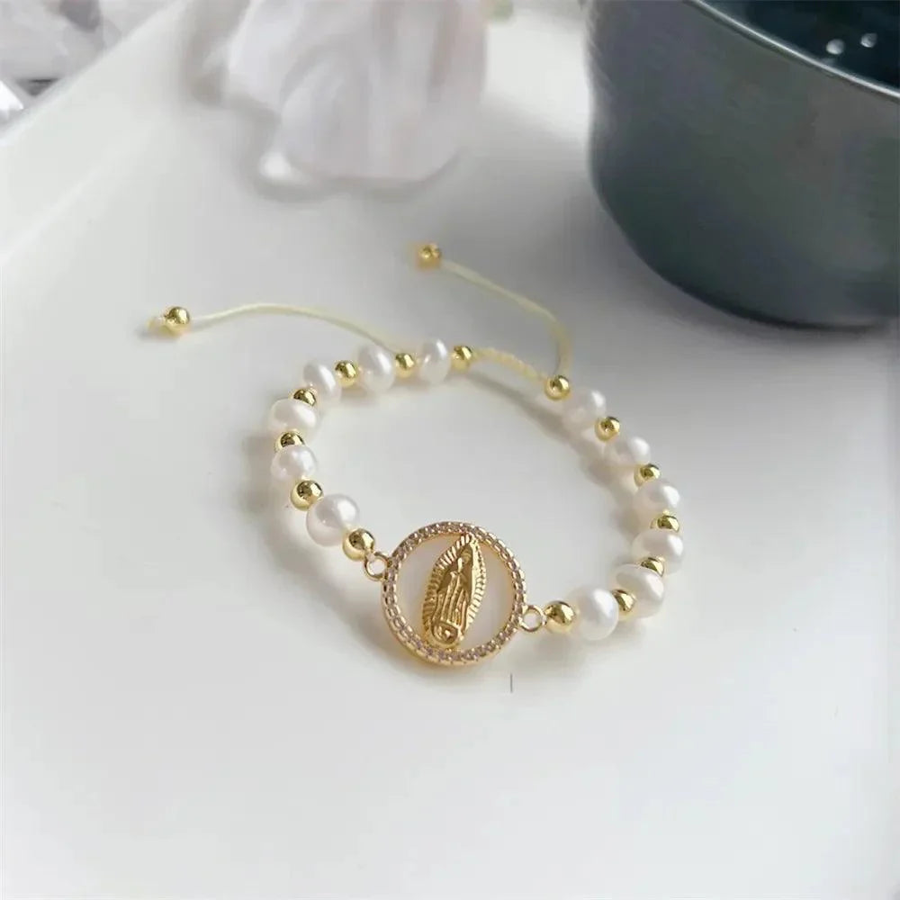 Pulseira Natural de Pérolas de Água Doce da Virgem Maria
