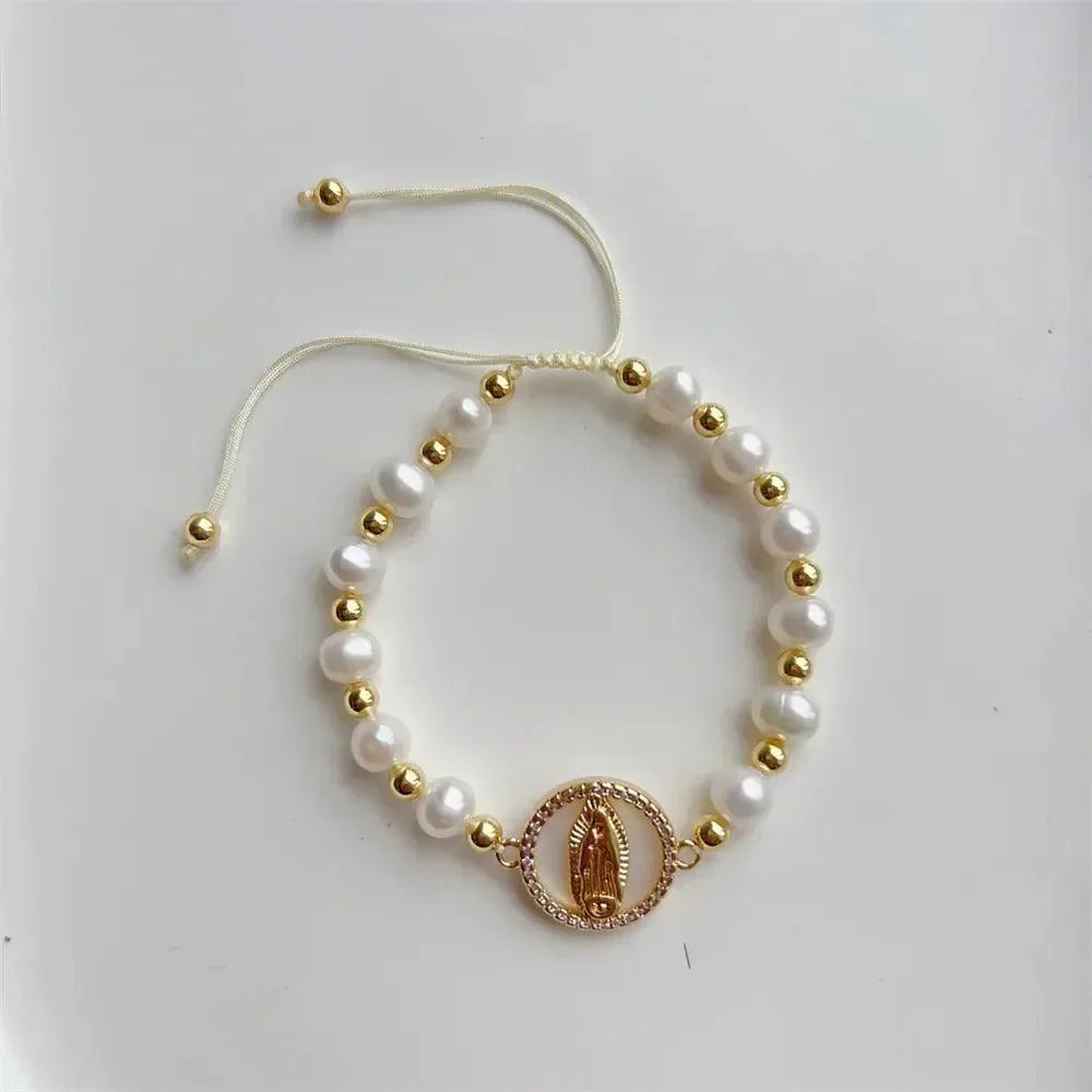 Pulseira Natural de Pérolas de Água Doce da Virgem Maria