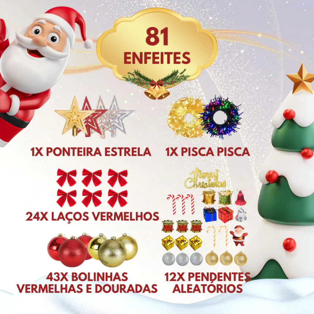 Árvore Natal Pinheiro Premium 200 Galhos Enfeitada Decorada + Kit Completo Enfeites