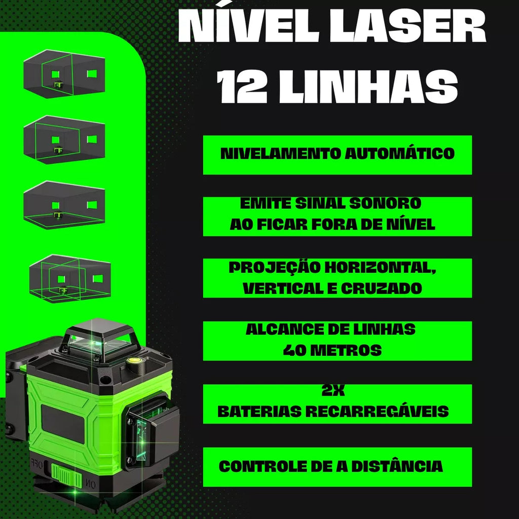 Kit Nível Laser Verde 12 Linhas 40m com Tripé + Esquadro + Suporte -  Recarregável [ENVIO FULL]